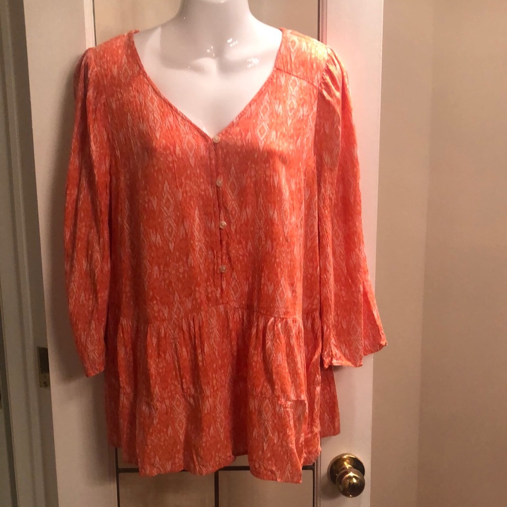 Women's Orange Print Button-Front V-Neck Tunic Top